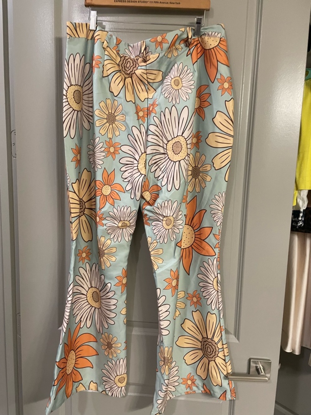 Vintage Floral Boot Cut Pants in Light Blue, Cream & Orange
